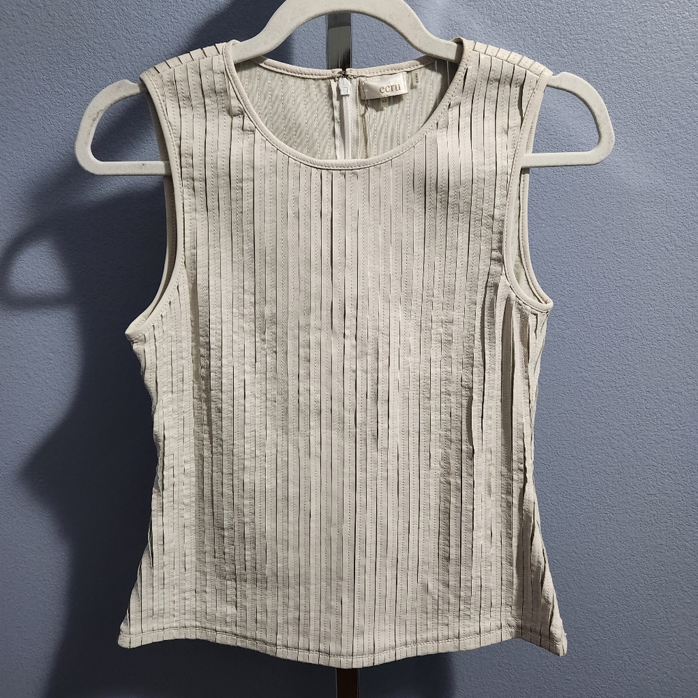 Ecru Leather Strip Shell Ivory White Stretch Mesh Sleeveless Tank Top Women's XS